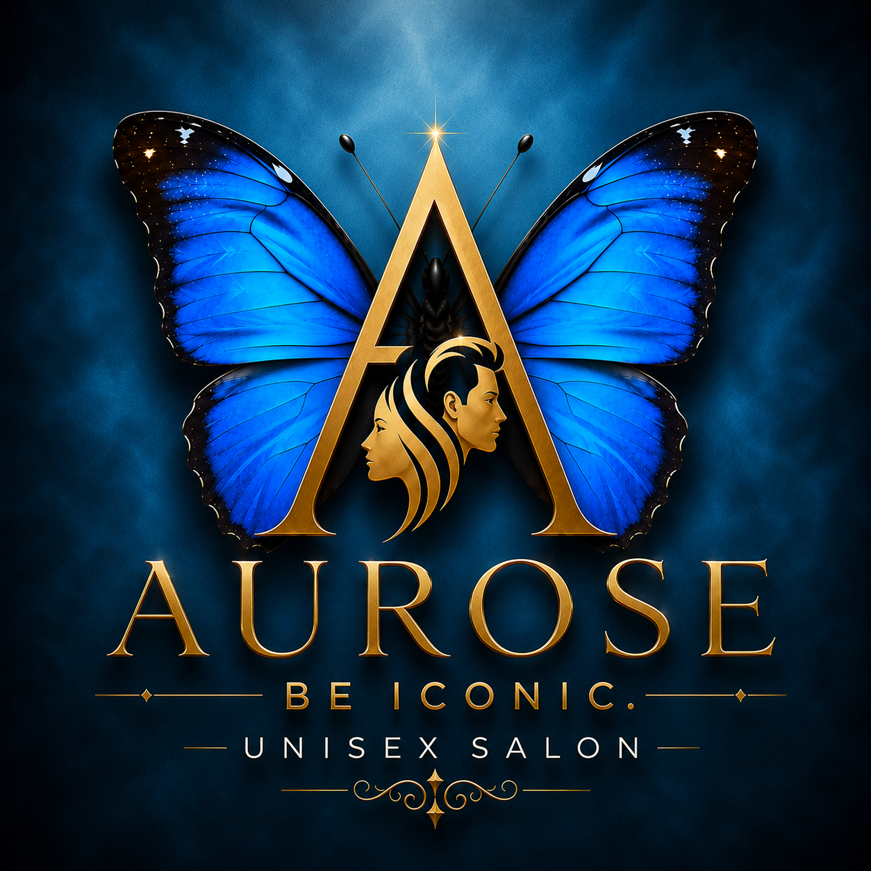 AUROSE – BE ICONIC Unisex Salon. Royal-blue butterfly wings, a gold A, and male and female silhouettes.