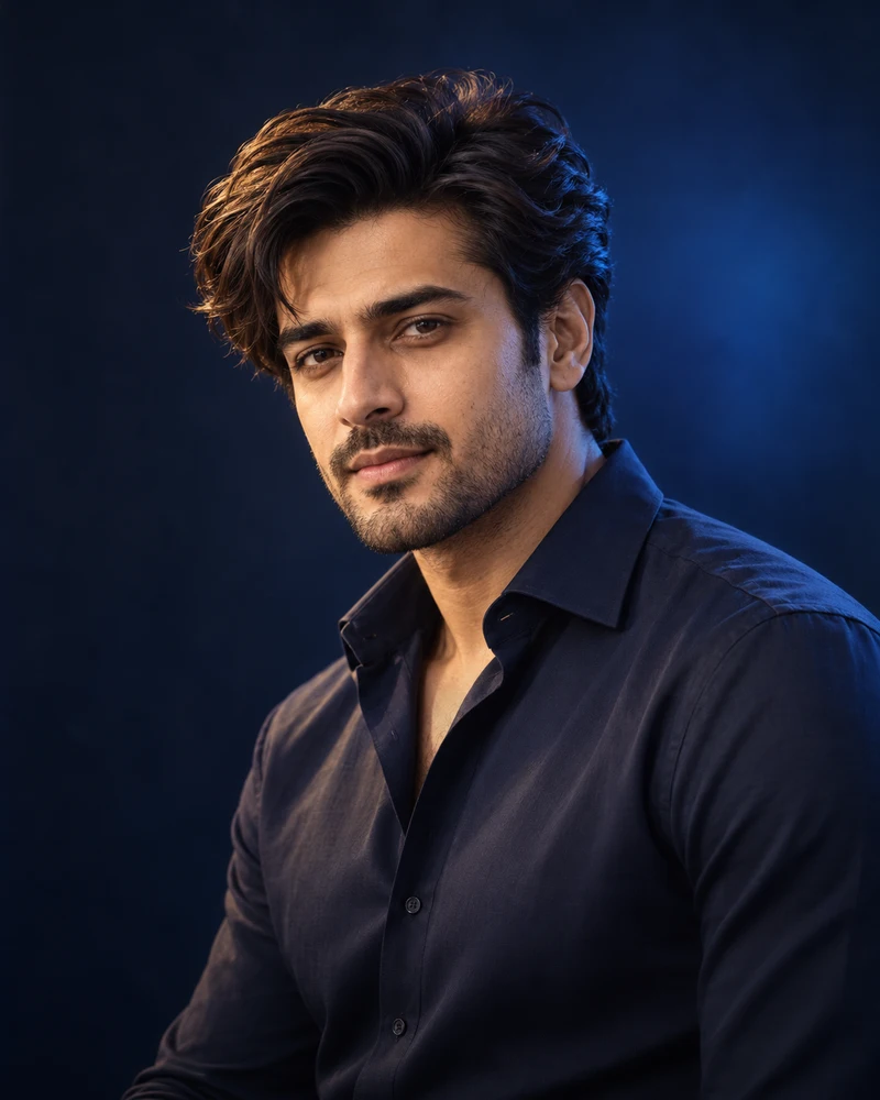 Editorial men’s hairstyle portrait in cinematic navy and gold lighting