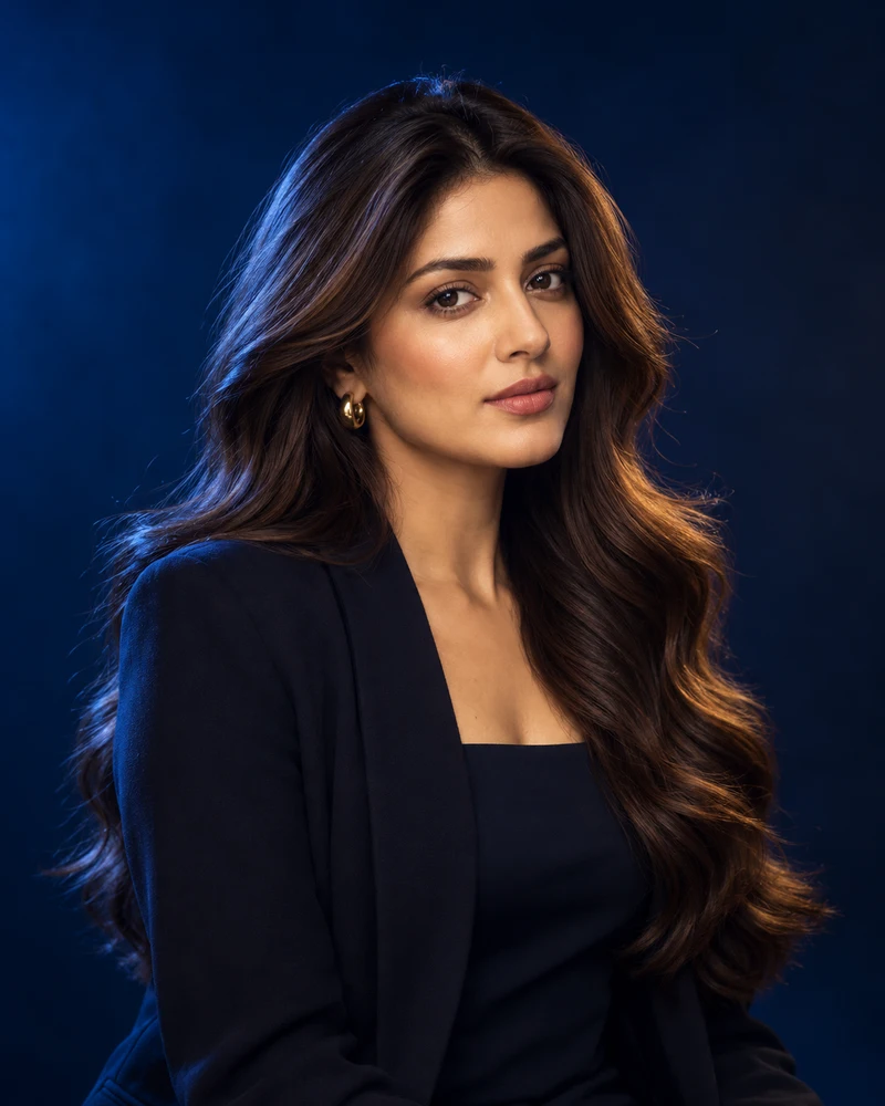 Editorial women’s hair styling portrait with flowing waves in cinematic navy and gold lighting