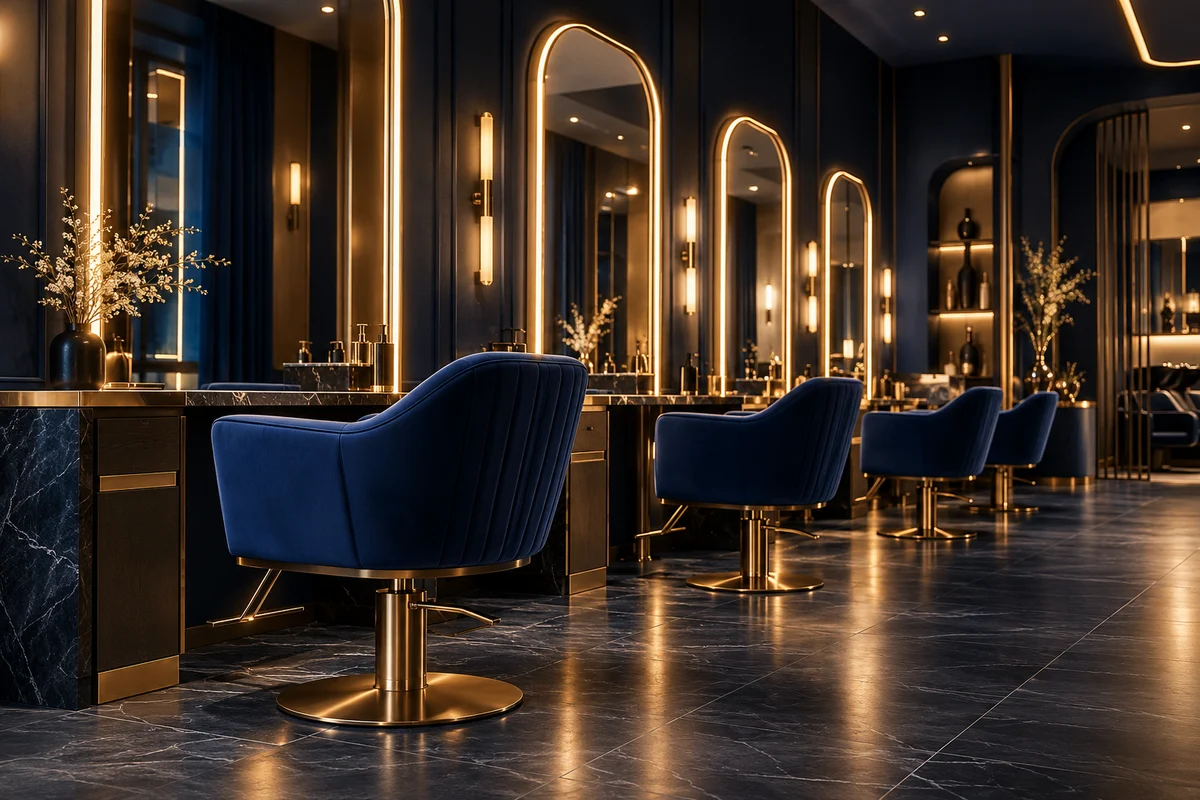 Salon interior design inspiration with navy chairs, warm gold mirror lighting and dark stone finishes